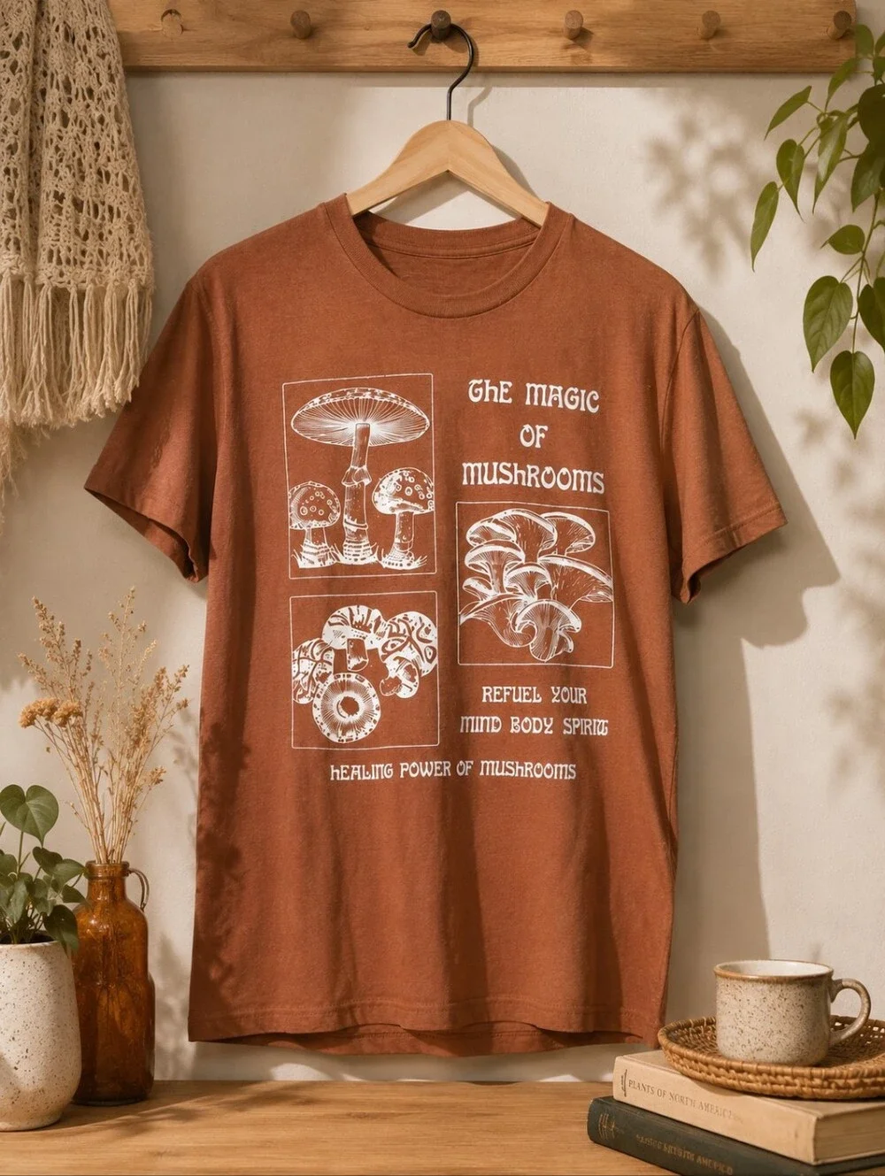 Vintage Style Mushroom Graphic Tee Brown Nature Mycology Unisex Shirt M